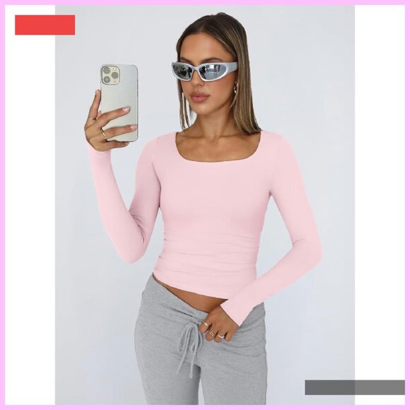 Long Sleeve Crop Top Square Neck Y2K Fall Fashion Tee - Picture 2 of 4